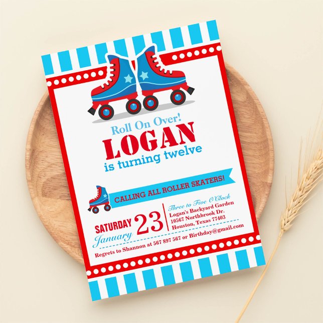 Roll on over! Blue Roller Skate Sport Birthday Invitation (Creator Uploaded)