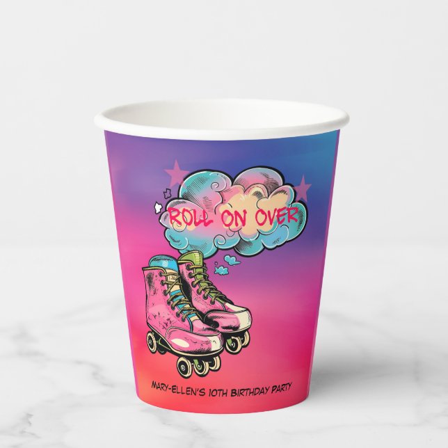 Roll on Over Roller Skate Girl Birthday Party Paper Cups (Front)