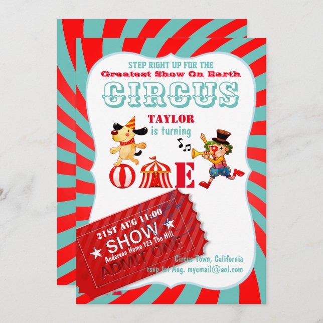 ROLL UP CIRCUS 1st Birthday Boy Girl Greatest Show Invitation (Front/Back)