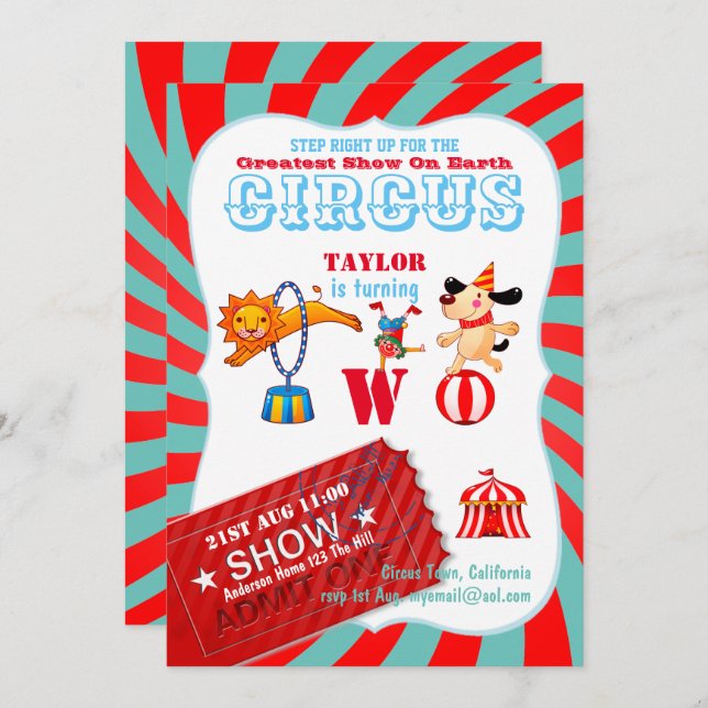 ROLL UP CIRCUS 2nd Birthday Boy Girl Greatest Show Invitation (Front/Back)