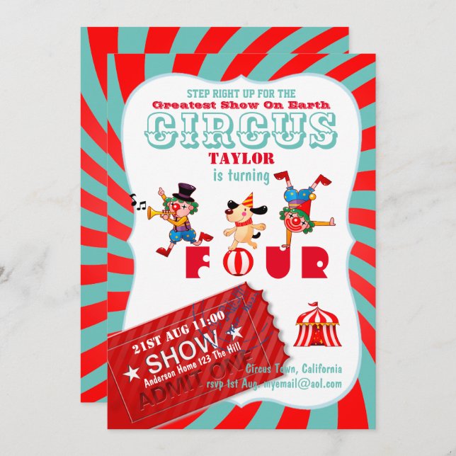ROLL UP CIRCUS 4th Birthday Boy Girl Greatest Show Invitation (Front/Back)