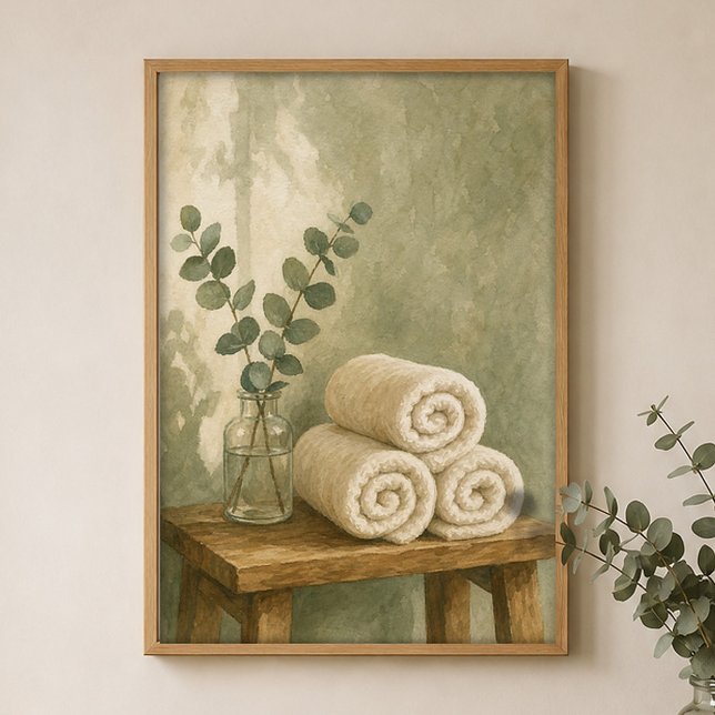 Rolled Towels and Eucalyptus Watercolour Poster (Shown framed for scale. Poster ships unframed; frames are an optional add-on.)