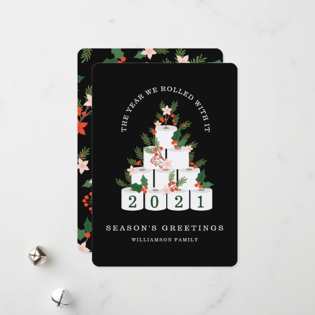 Rolled With It Christmas Toilet Paper Tree Black Holiday Card (Front/Back In Situ)