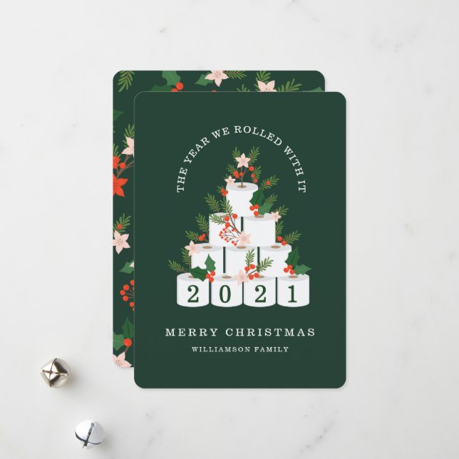 Rolled With It Christmas Toilet Paper Tree Green Holiday Card (Front/Back In Situ)