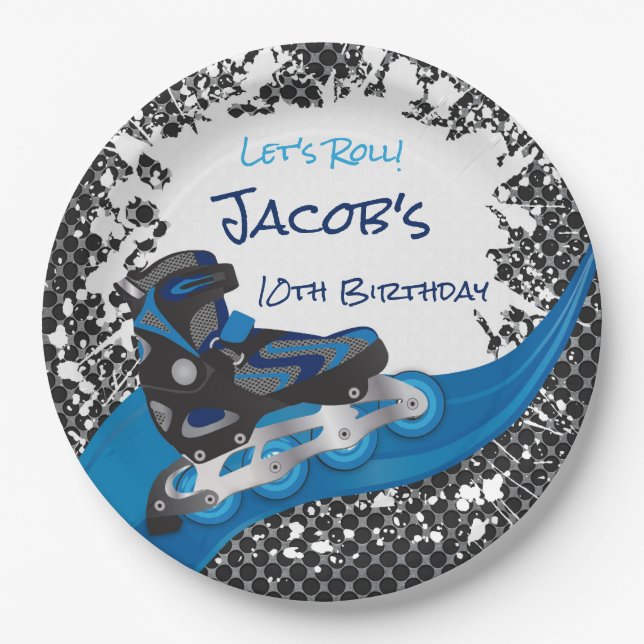 Roller Blade Grunge Blue Birthday Party Paper Plate (Front)