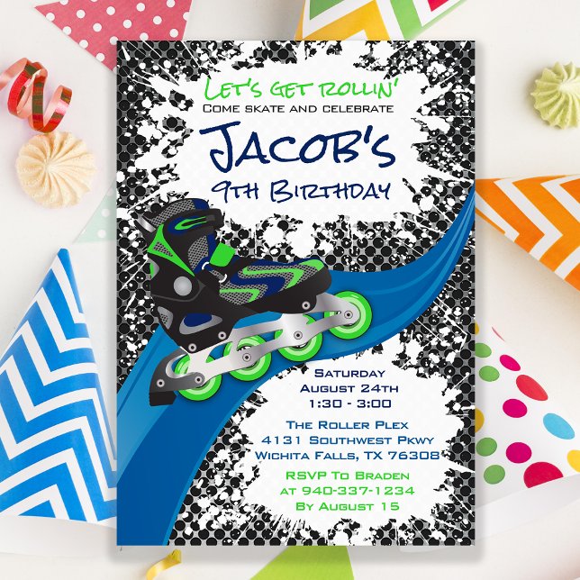 Roller Blade Grunge Green Birthday Party Invitation (Creator Uploaded)