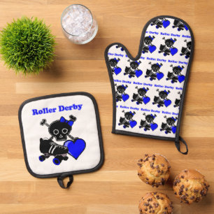 Roller Derby Heart (Blue) Oven Mitt & Pot Holder Set