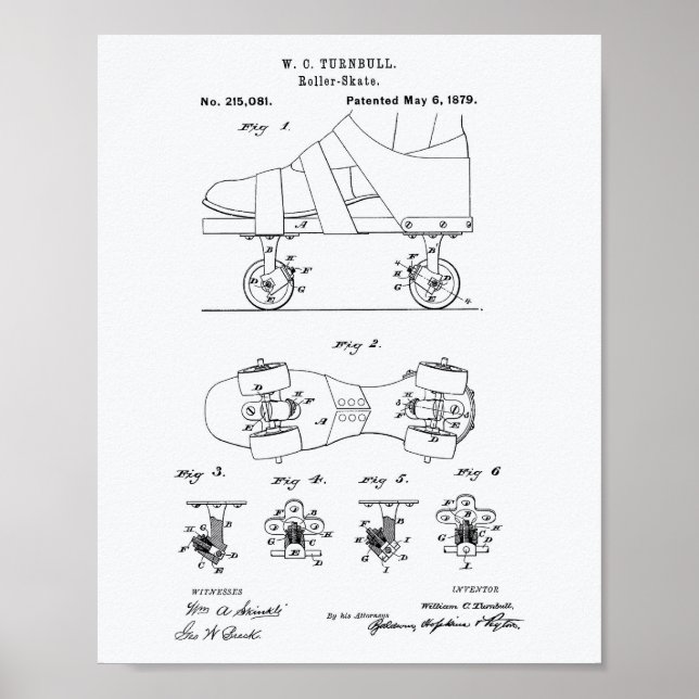 Roller Skate 1879 Patent Art White Paper Poster (Front)