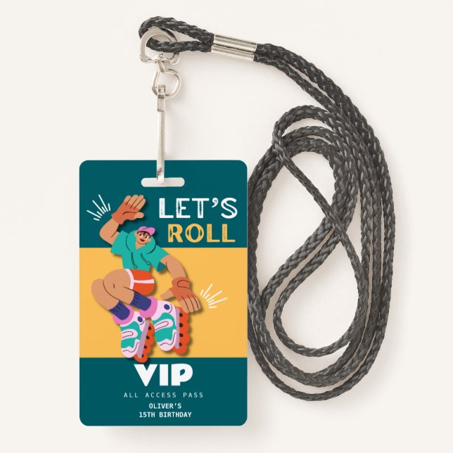 roller skate boy birthday party invitation VIP ID Badge (Front with Lanyard)