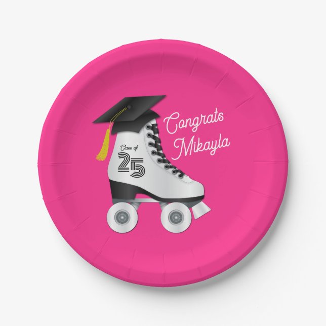Roller Skate Graduation Party Skating Rink Pink Paper Plate (Front)