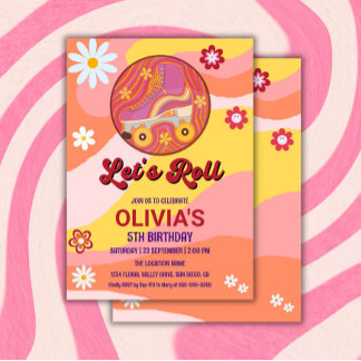 Roller Skate Groovy Retro Girl Birthday Party Invitation