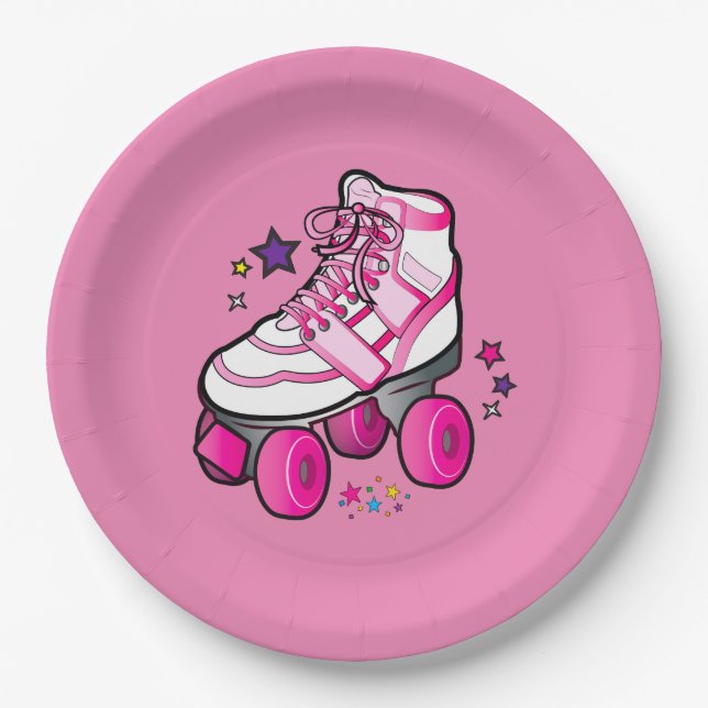 Roller Skate in Pink with Stars Paper Plate (Front)