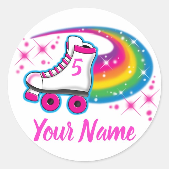 Roller Skate Rainbow Sparkle Birthday Girl Any Age Classic Round Sticker (Front)