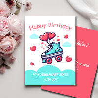 Roller Skate Red Hearts Balloons Birthday Greeting