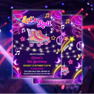 Roller Skate Retro Neon Glow Girl Birthday Party Invitation