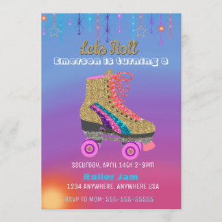 Roller skate, skating Party, Roller Disco glitter Invitation