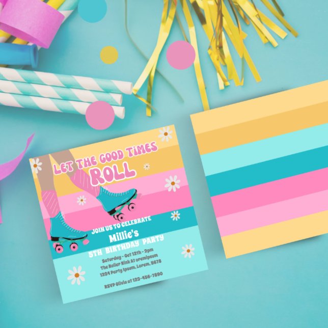 Roller skate skating Retro Rainbow Birthday Party Invitation (Creator Uploaded)