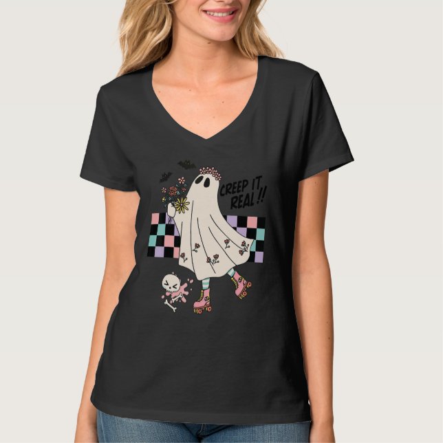 Roller Skate Spooky Creep It Real Ghost Retro Ghou T-Shirt (Front)