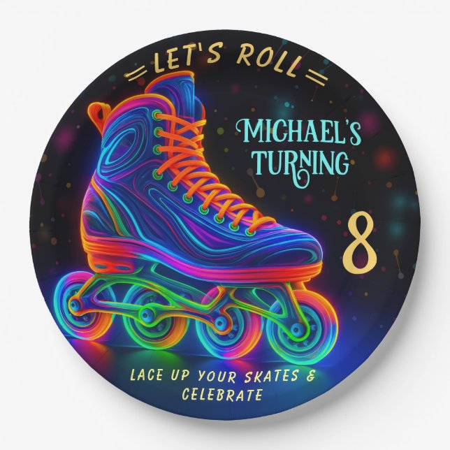 Roller Skate, Turning 8 Balloon Paper Plate (Front)