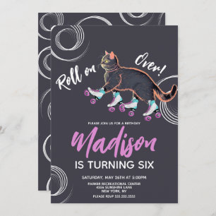 Roller Skates Black Kitten Rainbow Birthday Party Invitation