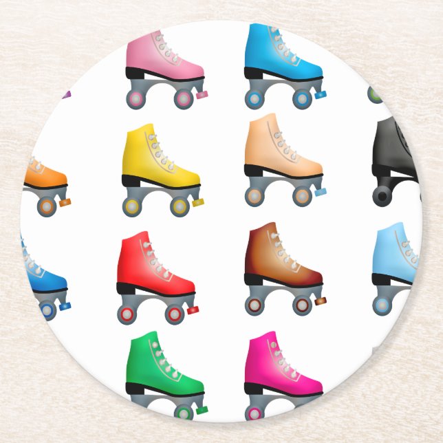 Roller Skates Colorful Pattern Retro Rollerskates Round Paper Coaster (Front)