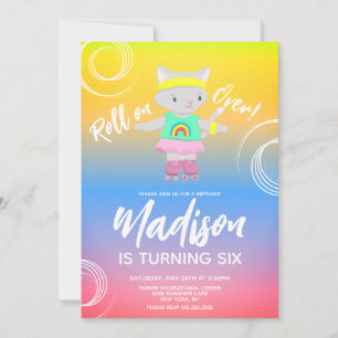 Roller Skates Kitten Kids Rainbow Birthday Party Invitation