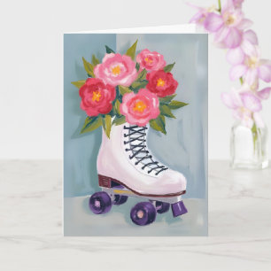 Roller Skates Rose Bouquet Painting Card