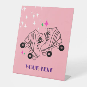 Roller Skates Skating Pink Birthday Disco Party Pedestal Sign