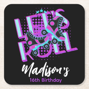 Roller Skates Sweet 16 Theme Birthday Party Square Paper Coaster
