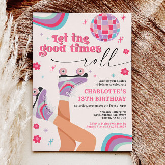 Roller Skating Birthday Invitation Retro Rainbow 