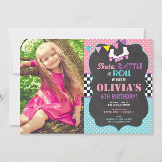 Roller Skating Birthday party photo invitation (Front)