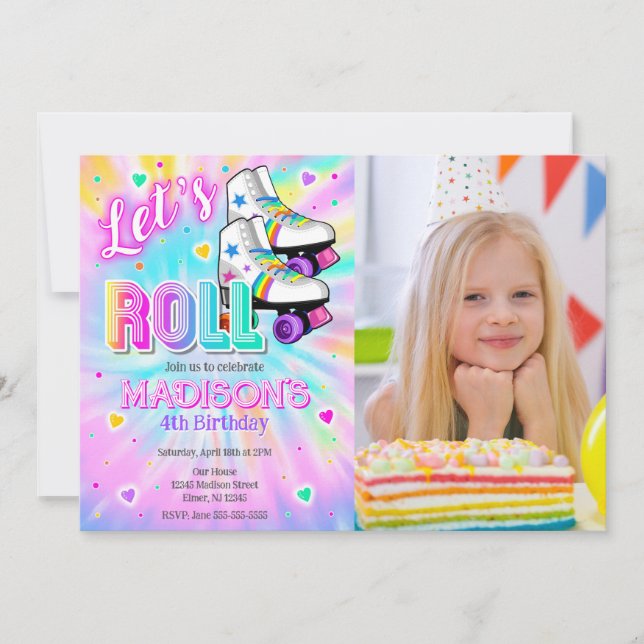 Roller Skating Birthday Party Tie Dye Neon Photo Invitation (Front)