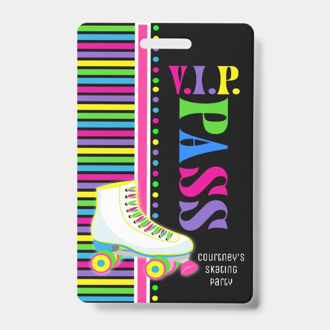 Roller Skating Birthday Party VIP Pass Glow Party ID Badge (Front)