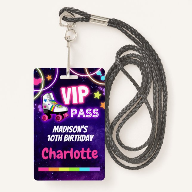 Roller Skating Birthday VIP Pass Lanyard ID Badge (Front with Lanyard)