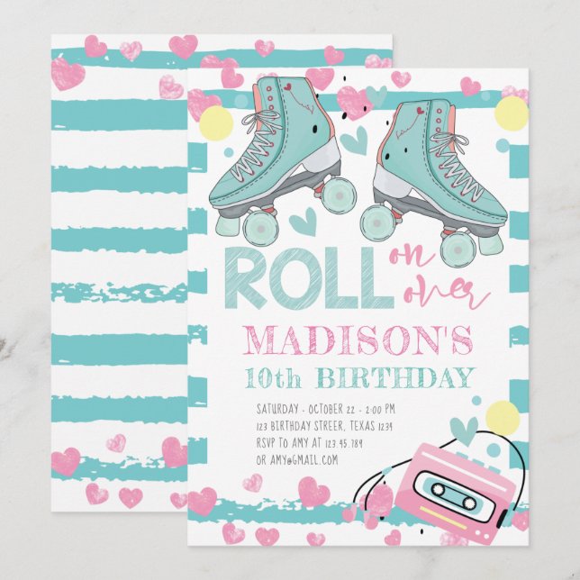 Roller Skating Girl Birthday Pastel Blue Pink  Invitation (Front/Back)