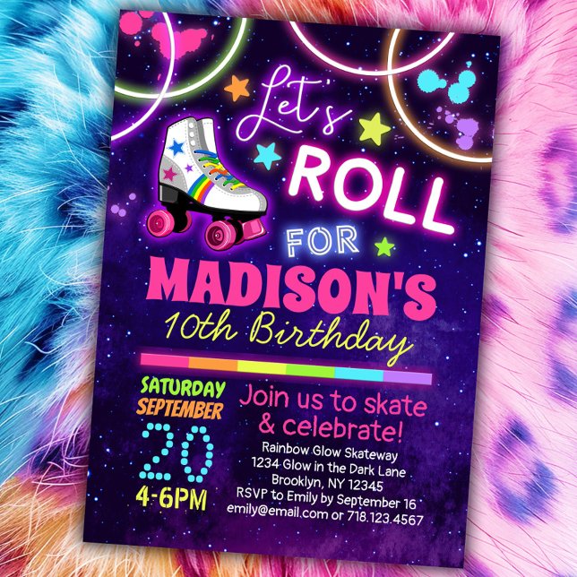Roller Skating Girls Rainbow Neon Birthday Party Invitation (Creator Uploaded)