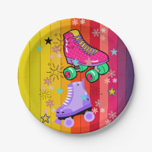 Roller Skating Girls Rainbow Neon Birthday Party Paper Plate