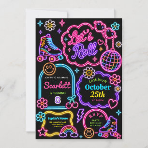 Roller Skating Girls Rainbow Neon Glow Birthday Invitation