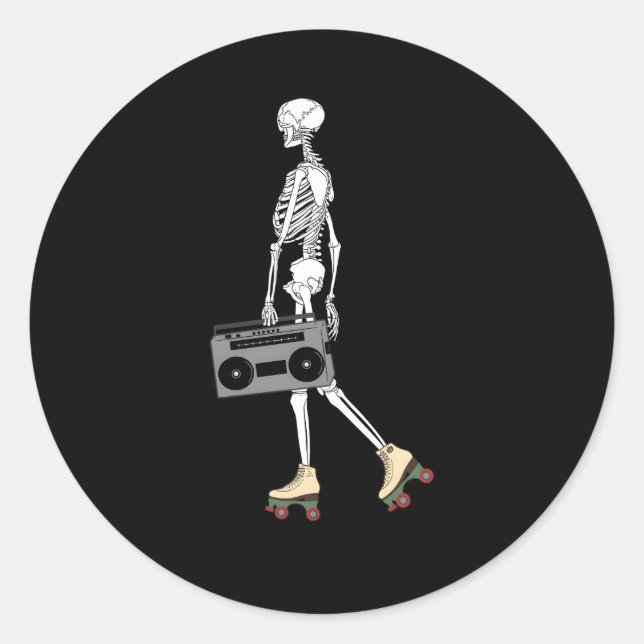 Roller Skating Halloween Skeleton 80'S 90'S Classic Round Sticker (Front)