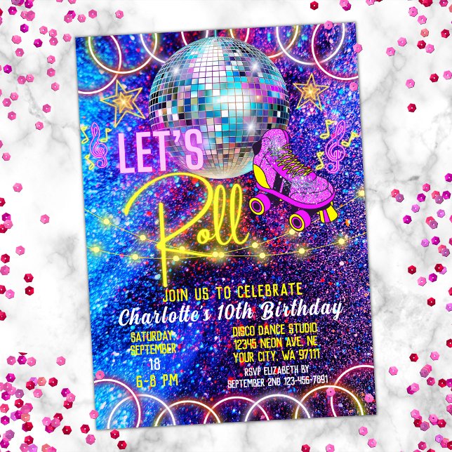 Roller Skating Let's Roll Disco Neon Pink Glow Invitation (Creator Uploaded)