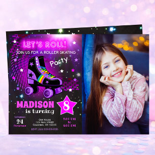 Roller Skating Neon Birthday Party Photo Invitation