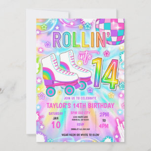 Roller Skating Neon Glow 14th Birthday Party Invitation
