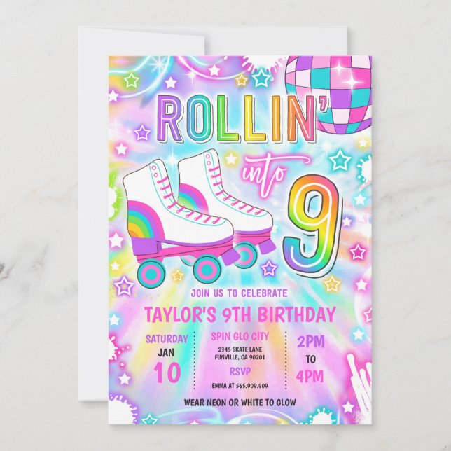 Roller Skating Neon Glow 9th Birthday Party Invitation (Front)