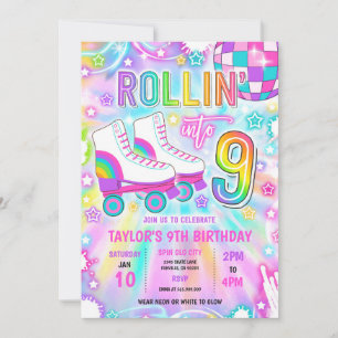Roller Skating Neon Glow 9th Birthday Party Invitation