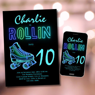 Roller Skating Party Boys Neon Glow Birthday Invitation