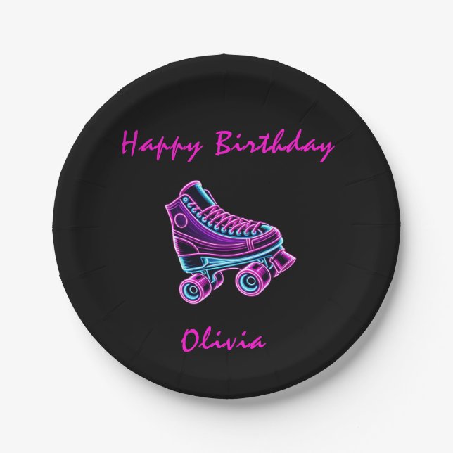 Roller Skating Party Girls Neon Glow Birthday Paper Plate (Front)