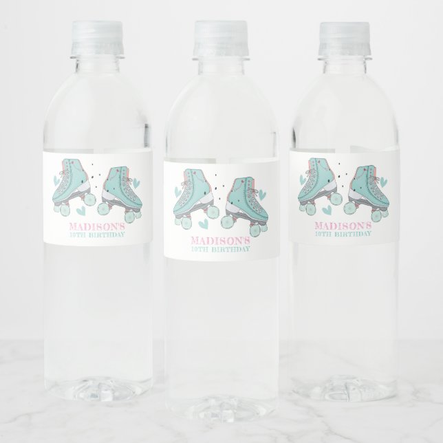 Roller Skating Pastel Personalised Girl Birthday Water Bottle Label (Bottles)