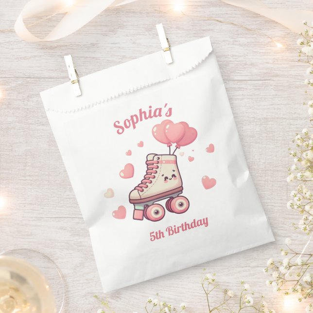 Roller Skating Pink Hearts Girl's Birthday Favour Bags (Clipped)