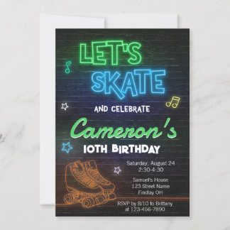 Roller Skating Rink Neon Birthday Party Invitation
