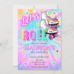 Roller Skating Unicorn Birthday Party Tie Dye Neon Invitation